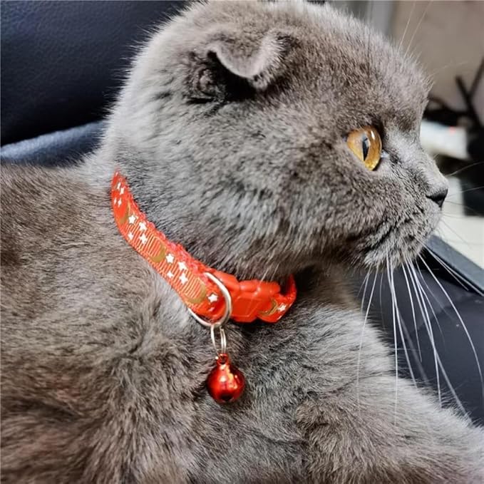 Reflective Cat Collars with Bell 2-Pack Girl Boy Pet Kitten Collar with Star Moon Patetrn Adjustable 7.5-12.5 Inch (Purple)