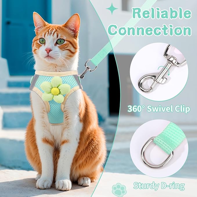 Cat Harness and Leash Set for Walking Escape Proof, Adjustable Kitten Harness Breathable Mesh with Reflective Strips Harness with Flower for Kitty Puppy Bunny Green XS
