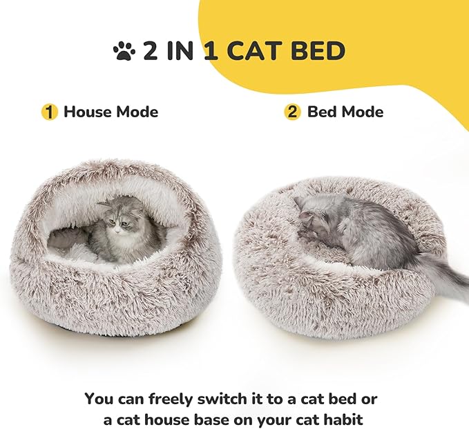 CATISM Cat Bed, Plush Hooded Cat Beds for Indoor Cats, Self Warming Cats Beds Cave, Cozy Pod for Indoor Kitten or Small Dog, Removable Washable with Non-Slip Bottom
