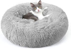 rabbitgoo Cat Beds for Indoor, 20 inches Machine Washable, Fluffy Round Pet Bed Non-Slip, Calming Soft Plush Donut Cuddler Cushion Self Warming for Small Dogs Kittens, Light Grey, Medium