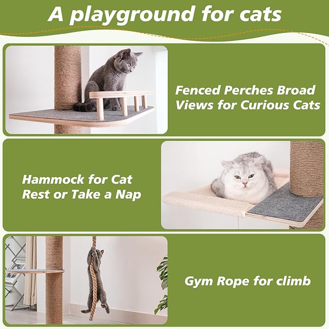 Floor to Ceiling Cat Tree, 5 Tier Cat Tower Adjustable Height (82-120 in), Tall Climbing Tree with Perches, Hammock, Scratching Post, Bed, Ball Toys, Solid Structure and Neutral Color Fit Home Decor