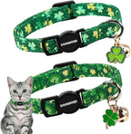 2 Pack St.Patrick's Day Kitten Collars,DOGWONG Cute Shamrock Breakaway Kitty Collars,Spring Green Trefoil Cat Collar with Bell, Lucky Clover Kitten Collars for Girl & Boy Cats