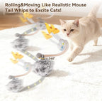 Migipaws Interactive MigiMouse Cat Toy 360° Rolling & Spin with Wiggling Tail for Indoor Cats Smart Motion Sensor, Realistic Squeak, Rechargeable Plush Kitten Toy(Grey Long)