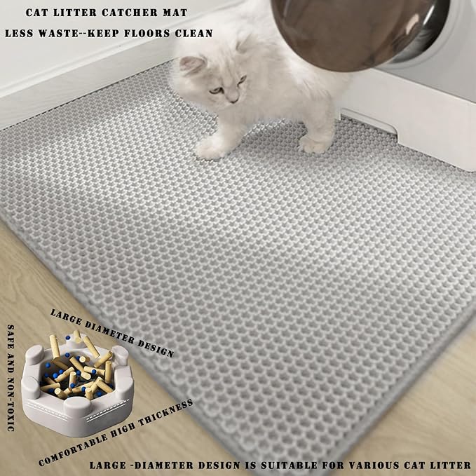 HCY&WLD Cat Litter Mat, 45x26/35x24/30x22/24x18 Inch Double Layer Cat Litter Box Mat, EVA Non-Slip, Waterproof Urine Proof Cat Litter Catcher Mat, Easy Clean Scatter Control (30x22 Inch, Khaki)