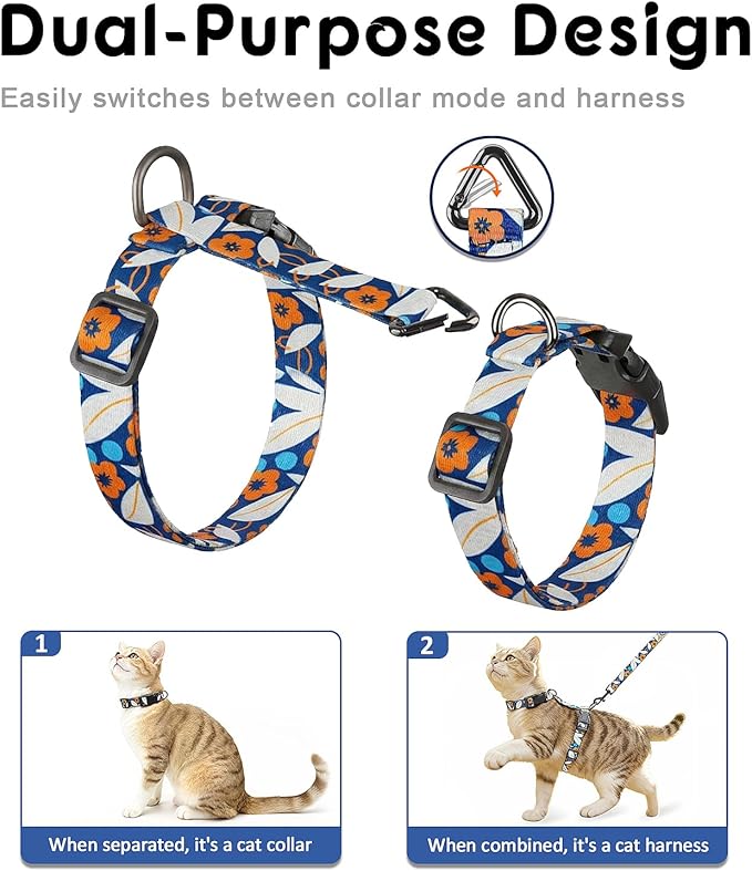 Halypet 2-Pack Cat Harness and Leash Set, Escape Proof 3-in-1 Adjustable Harness for Cats, Soft Lightweight, Easy On & Control for Walking, Travel & Outdoor Use, Navy Floral, Small