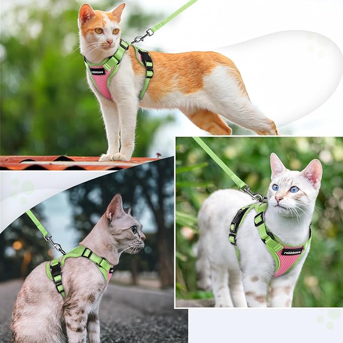 rabbitgoo Cat Harness and Leash Set, Escape Proof Soft Adjustable Vest Harnesses for Outdoor Walking, Easy Control Breathable Kitten Jacket with Reflective Strips, Pink & Light Green, S