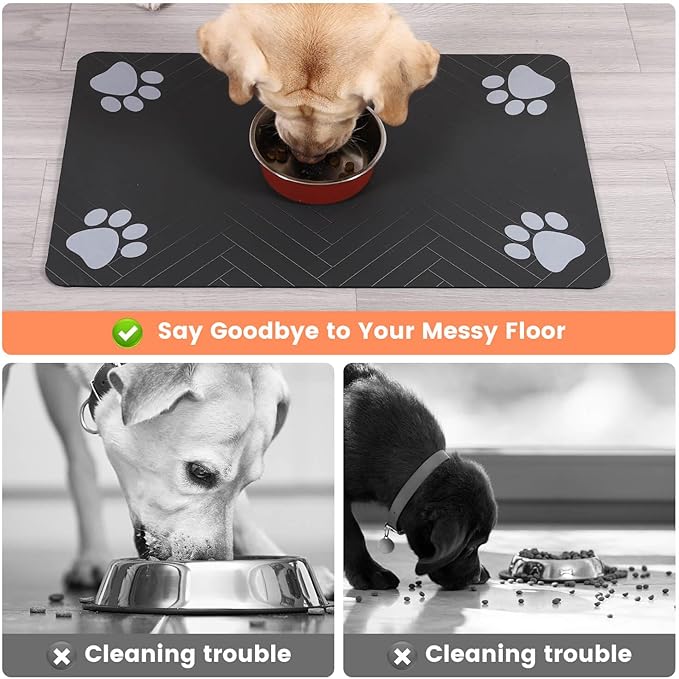 Pet Feeding Mat-Absorbent Pet Placemat for Food and Water Bowl, with Waterproof Rubber Backing, Quick Dry Water Dispenser Mat for Dog and Cat (24"x16", Black)