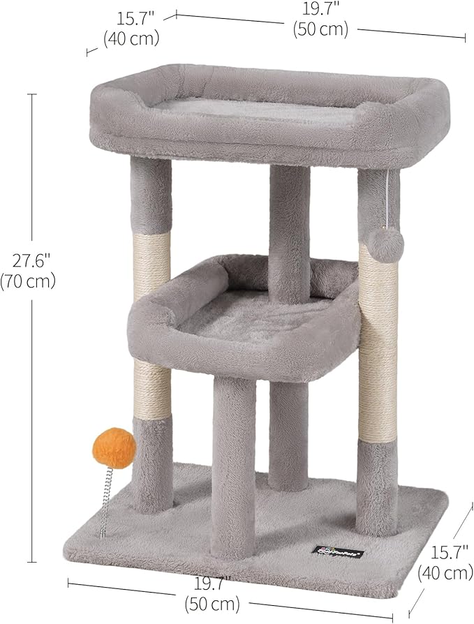 FourFurPets Small Cat Tree, Multi-Level Cat Tree for Indoor Cats, Cat Tower with Scratching Post, Cat Condo for Kittens,Toy Balls, 2 Soft Platform, Light Gray