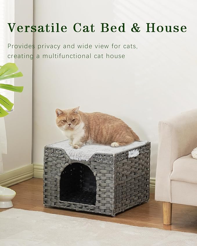 Cat Beds Indoor Kitten House, Handwoven Rattan Cat Cave Pet Cube, Large Cat Houses, One Bed Mat, Foldable, Hideaway, 16.5x16.5x13.2 Inches, 2 S-Shaped Hooks in Living Room Bedroom Gray