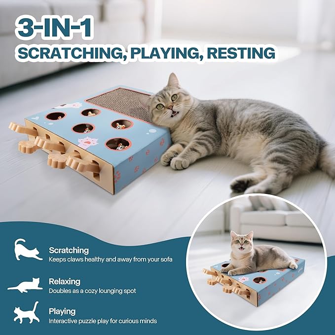 PAWISE 3-in-1 Interactive Cat Toy, Whack-A-Mole Cat Puzzle & Cat Scratching Board with Catnip, Cardboard Cat Scratcher Box for Indoor Cats, Kitten IQ Boost & Boredom Relief