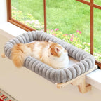 Zakkart SnugCloud Cat Perch for Window Sill with 4-Sided Bolster - Orthopedic Cat Window Hammock - Solid Hardwood & Metal Frame - Window Seat for Pets (Natural Color Wood w/Gray Bed, Medium)