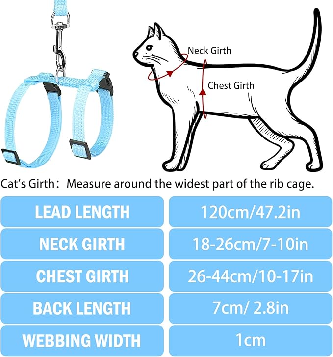 PUPTECK Adjustable Cat Harness and Leash Set Escape Proof Kitten Strap Collar for Walking Travel, SkyBlue