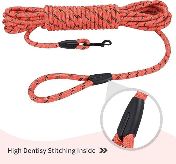Long Dog Leash for Training 50Ft-Reflective Nylon Rope with Swivel Hook-Recall Agility Lead for Large Small Medium Dogs Outside Walking Hiking-Orange Diam 1/2"