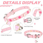 EXPAWLORER Leather Cat Collar for Girl Boy- Adjustable Pet Collar with Safety Elastic Belt,Personalized Star & Pearl Accessories Buckle Collars with Bell & Durable D-Ring,Pentagram (Pink)
