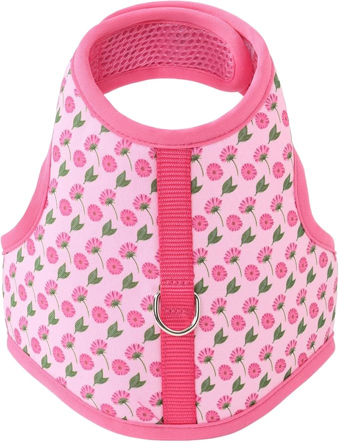 Mile High Life Dog Harness, Air Mesh Floral Vest Harness for 20 lbs Small Dogs & Cats, Easy Get on Adjustable Easy Closures Both Neck and Chest(Pink Flower, S Chest 16"-18")