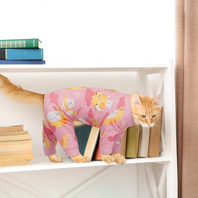 PUMYPOREITY Cat Recovery Suit, Stops Wound Licking After Surgery, Sticky Hair Shirt with Sticky Fabric, Cat Pajamas Prevents Over-Grooming, Kitten Onesie - Soft & Machine Washable, Pink, XS