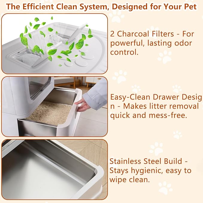 Enclosed Stainless Steel Cat Litter Boxes,Large Foldable Litter Box with Lid,Hooded Covered Stainless Steel Cat Litter Box,Easy Cleaning,No Urine Leakage,Deeper Pan