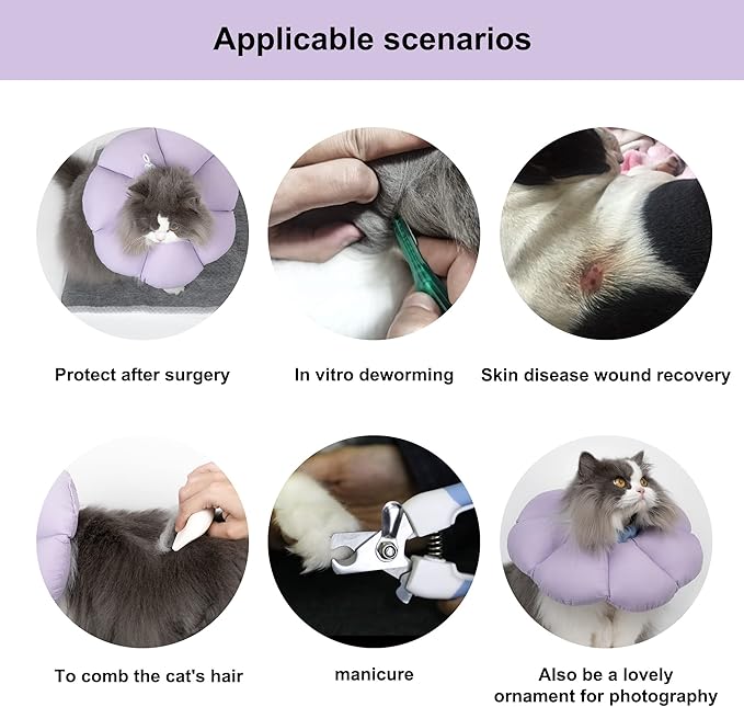 Cat Cone Collar,Cute Waterproof Cat Recovery Collar,Anti-Bite Lick Wound Healing Safety Elizabethan e Collar for Cats,Purple Flower All-Season Style…