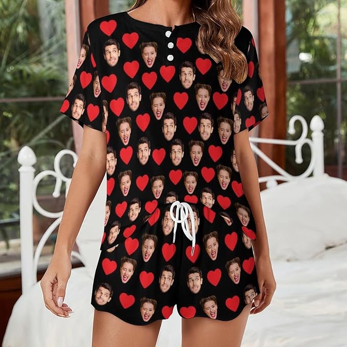 D-Story Custom Short Pajama Set with Pet Face Personalized Photo Sleepwear 2 Pieces Pjs Nightwear Xmas Gift for Women