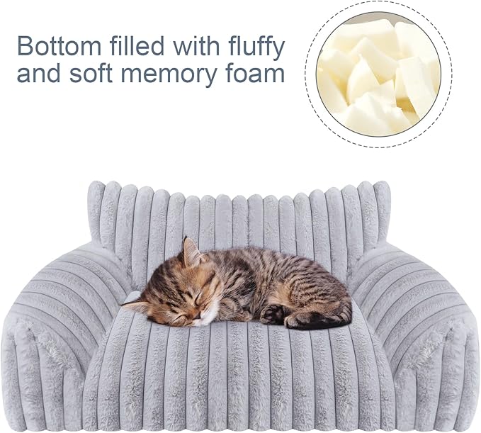 Cute Cat Couch Bed for Indoor Cats, Fluffy Pet Cat Sofa with Premium Soft Corduroy Fleece, Cute Small Dog Beds for Small Dogs, Fuzzy Puppy Chair with Removable Washable Cover (24x18x10,Grey)