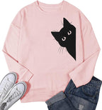FRYAID Cat Sweatshirt Women Funny Black Cat Graphic Sweater Casual Cat Crewneck Holiday Long Sleeve Hoodie Pullover Top