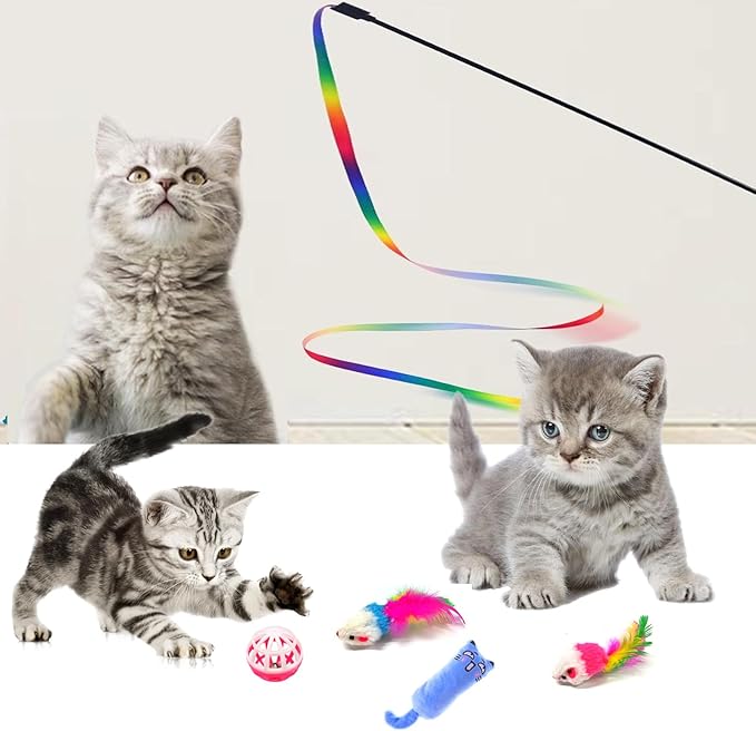 Kitten Starter Kit - 15 Piece Cat Essentials Set Includes Litter Box, Toys, Collars, Scratch Pad, Nail File, Automatic Feed Bowls, Grooming Gloves