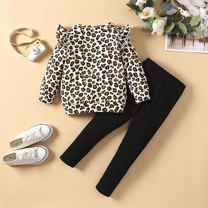 Little Girls Unicorn Outfits 2 Piece Kids Ruffle Sleeve Sweatshirt + Leggings Fall Leopard Clothing Sets 2-10 Years Old