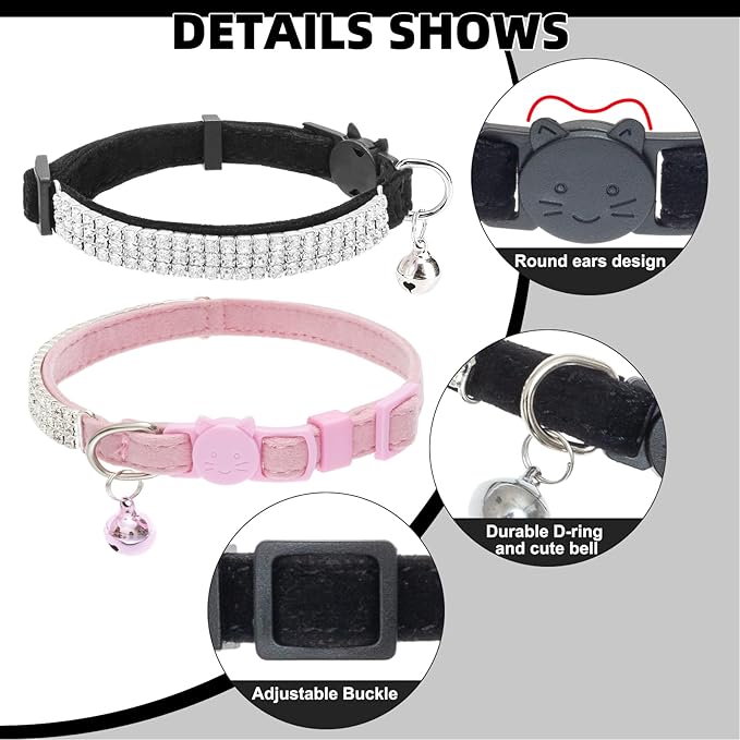 EXPAWLORER Soft Velvet Safe Cat Collars for Girl Cats -2 Pack Rhinestones Bling Diamante Adjustable Collars Breakaway- Chirstmas Cat Clollar Gifts with Bells for Boy Cats Kitty and Small Dogs
