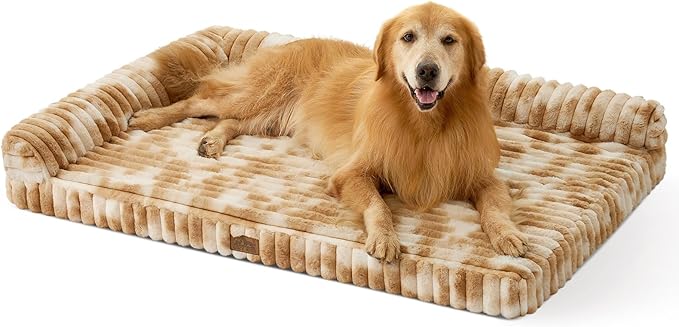 Cute Dog Bed, Faux Rabbit Fur Orthopedic Dog Bed with Sides, Removable Washable Cover & Waterproof Lining, Comfortable Pet Couch for Extra Large Dogs, Tie-Dye Brown (48" L x 35" W x 7.5" Th)