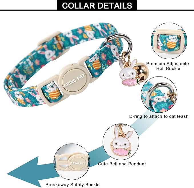 ARING PET 2 Pack Easter Cat Collars-Cute Bunny Cat Collar Breakaway with Bell&Pendant, Adjustable Green Rabbit Kitten Collars with Safety Buckle for Girl&Boy Cats