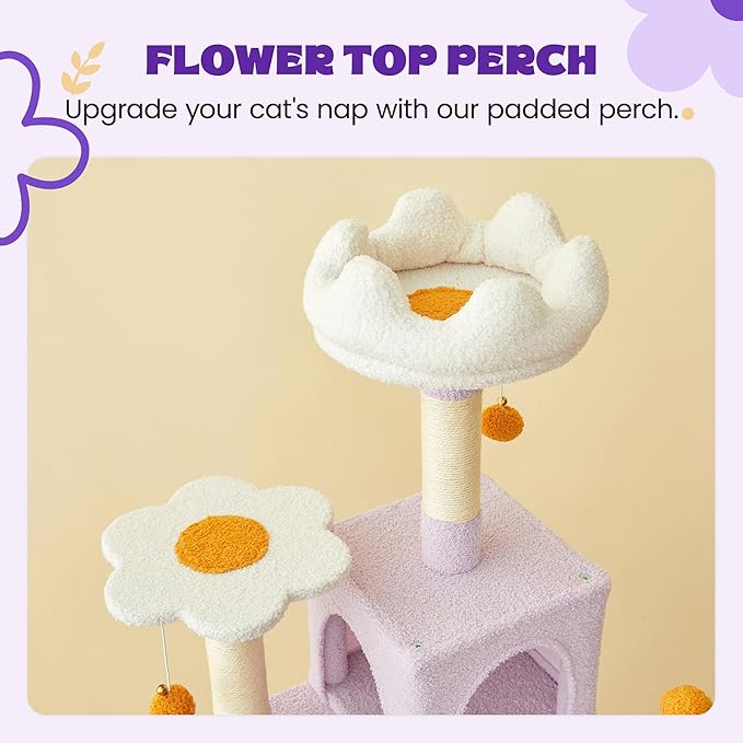 MWPO Flower Cat Tree for Indoor Cats, 63.8 Inches Multi-Level Cat Tower with Sisal-Covered Scratching Posts, Padded Platform, Hammock, Dangling Toys, Stable Cat Condo Pet Play House