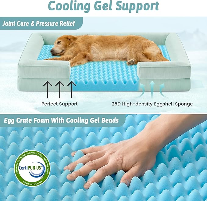 Cooling Dog Bed for Extra Large Dogs, Q-Max >0.4 Summer Cool Orthopedic Foam Pet Sofa Bed with Sides, Bolster Anti-Slip Couch with Washable Removable Cover, XXL 48x35x7.5 inch, Green