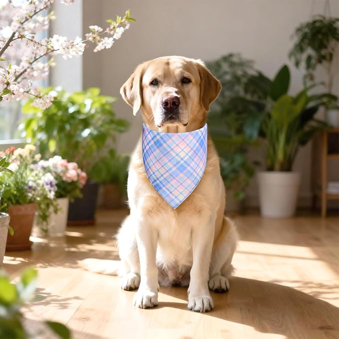 Spring Floral Dog Bandana for Small Dogs, Reversible 2 Patterns in 1 - Wildflower & Plaid Scarf, Summer Decorative Pet Bib for Girl Pups (9-14" Neck)