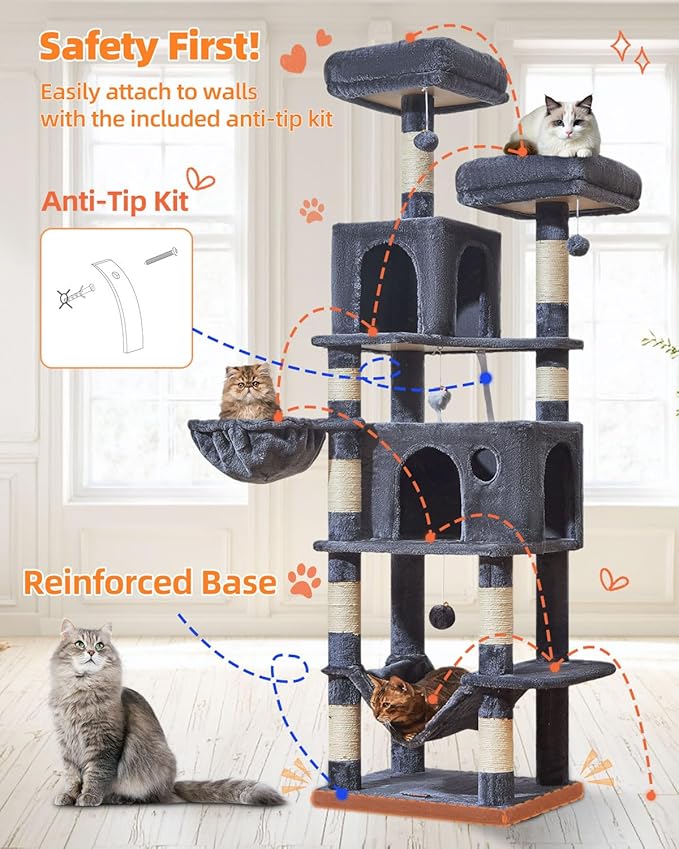 Taoqimiao Large Cat Tree，73-Inch Cat Tree Tower with 9 Scratching Posts for Indoor Cats, 2 Large Cat Condo with Hammock, Hanging Basket, 2 Extended Platform, Smoky Gray MS013XLG