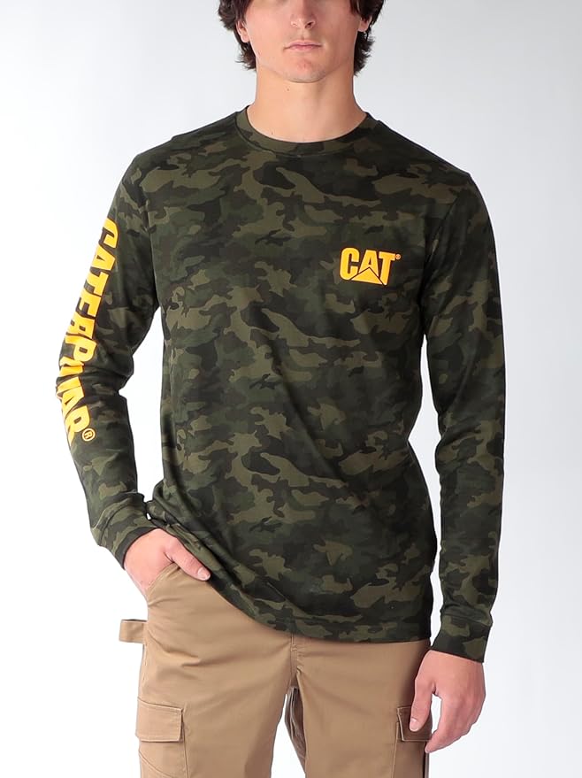 Caterpillar Trademark Banner Long Sleeve Tee Shirts for Men with Center Back Neck Wire Management Loop and Cat Workwear Logo