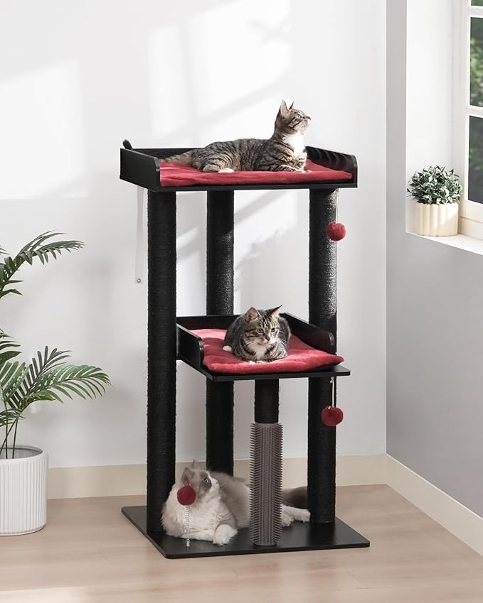 FourFurPets 43.7" Cat Tree, Modern Cat Tree Tower, Cat Tower for Indoor Cats Large Adult, Cat Condo with Scratching Post, Large Perch and Removable Pads, Black&Red