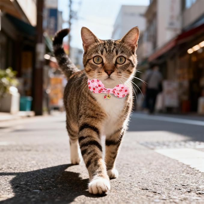 EXPAWLORER Bunny Ear Cat Collar with Bell, Soft Breakaway Kitten Collar with Bow and Accessory, Pink Girl Cat Collars with Safety Quick Release Clasp, Pet Collar for Valentine's Day (Strawberry)