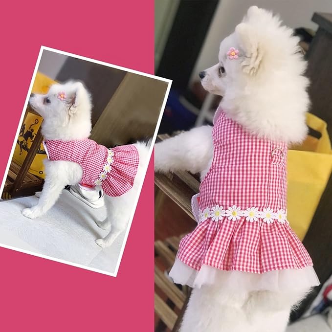 Small Dog Dress with Leash Set Adjustable Dog Harness Dress with D Ring Breathable Walk Doggie Outfits for Puppy Girl and Cat (S,Pink)