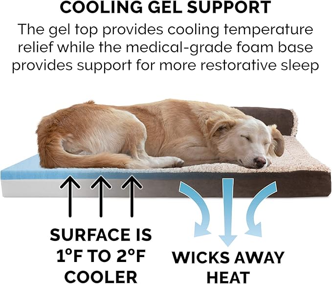Furhaven Cooling Gel Dog Bed for Large/Medium Dogs w/ Removable Bolsters & Washable Cover, For Dogs Up to 55 lbs - Two-Tone Plush Faux Fur & Suede L Shaped Chaise - Espresso, Large