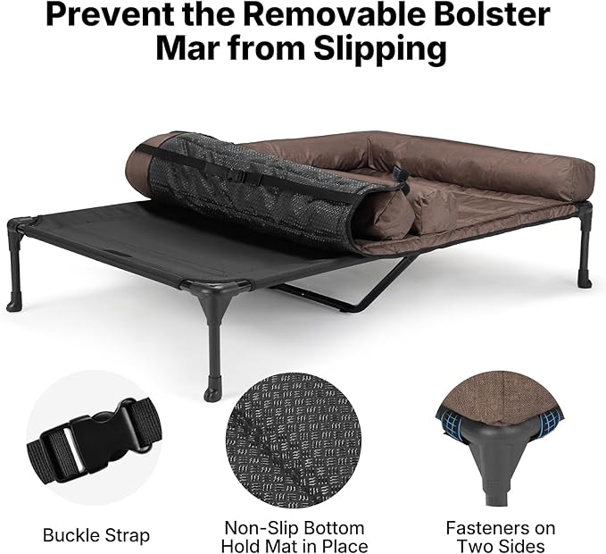 Veehoo Cooling Raised Dog Beds + Waterproof Double Dog Bed Cushion for Two Medium Dogs, Elevated Pet Cot with Removable Bolster Mat, Breathable Mesh, No-Slip Feet, Pets Couch Bed, 49x 33inches, Brown
