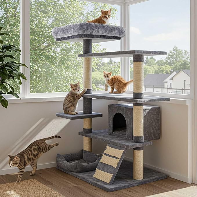 Abbylike 2 Pcs Cat Tree Tower Replacement Parts Grey Bed Cover with Elastic Band Removable Washable Padding for Platform Perch Shelves, Only Cover, Cat Tower Cushions Accessories(15.7 x 15.7 Inch)