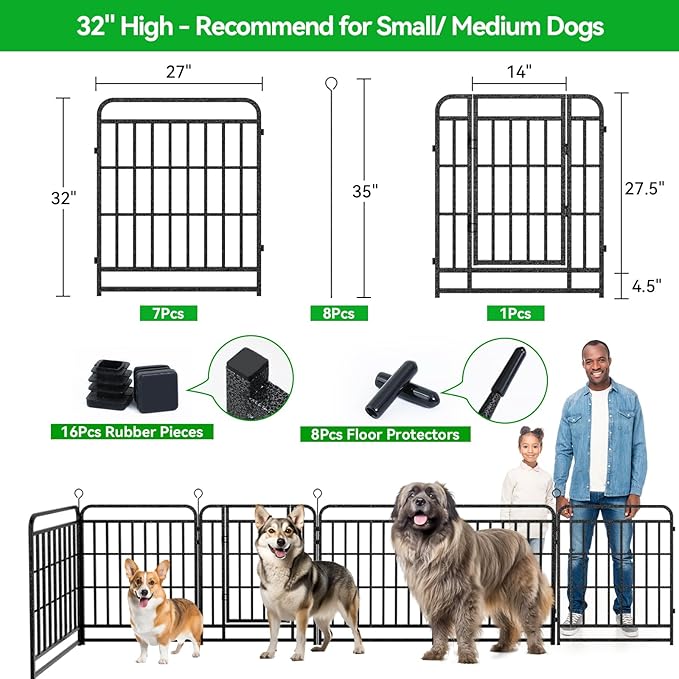 Dog Fence Outdoor 8 Piece Panels 32" Height, Square Steel Pipe with Reinforced Crossbars, Anti-Rust Heavy Duty Dog Playpen with Doors Portable for Yard RV Camping, Total 18FT, 25 Sq.ft, Snowy Black