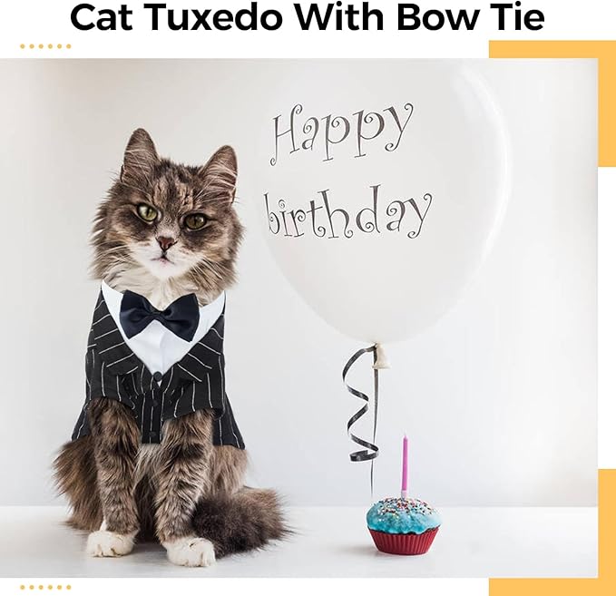 DENTRUN Cat Tuxedo Outfit, Sphynx Cat Costume Formal Suit with Bow Tie, Stylish Cat Shirt Fashion Apparel Fancy Clothes, Kitten Formal Attire Wedding Onesie Costume for Cats Only