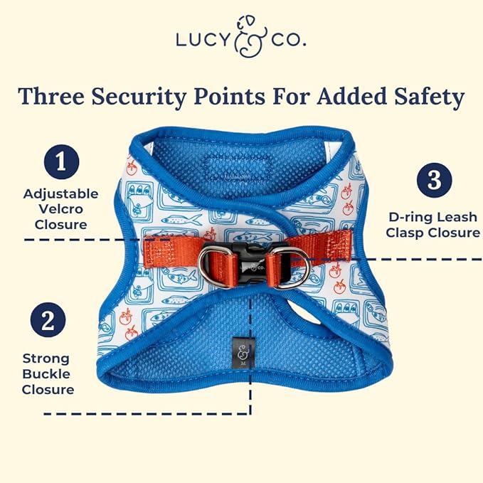 Lucy & Co. Tinned Fish Step-in Cat Harness & Leash Bundle – Reflective, Breathable & Adjustable Harness for Cats, Kittens & Small Dogs, Lightweight & Secure and Dual Leash Clips – Large