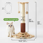 Cat Sisal Scratching Post, 4 in 1 Wooden Cat Scratcher Toy with Groomer, 24" Tall Scratch Post with 2-Layer Interactive Track Balls, Cat Climbing Tree with 2 Hanging Balls for Kittens