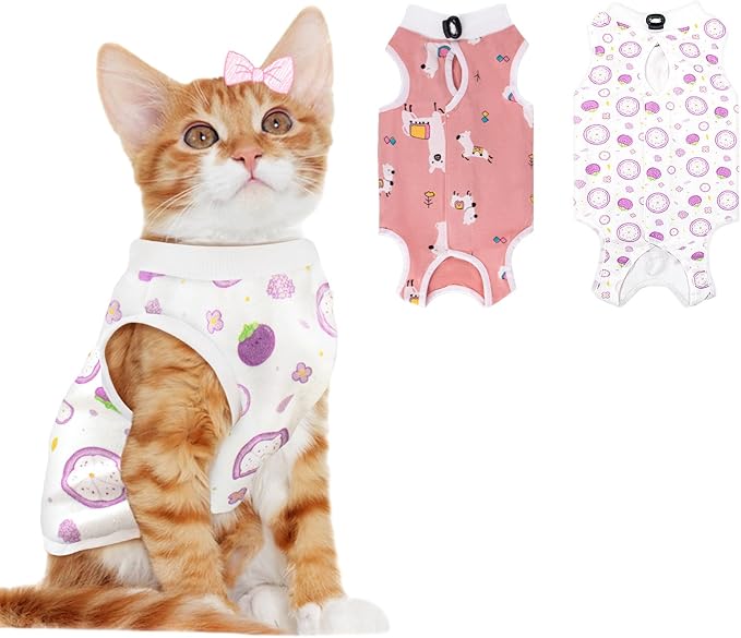 2 PCS Cat Recovery Suit Female Cat Onesie for Cats After Surgery Spay Abdominal Wounds, Kitten Surgery Recovery Suit Female Breathable E-Collar Alternative Kitten Onesie Anti Licking Medium