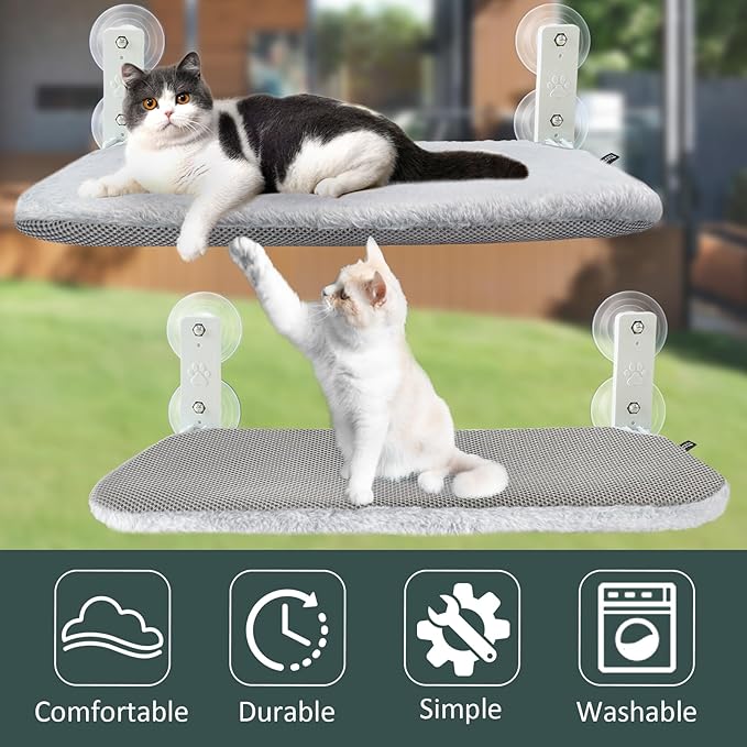 Sunhoo Cat Window Hammock Perch Cordless Perches Window Sill Seat Bed Foldable Stable Lounger Upgraded Suction Cup Easy Assembly Indoor Cats Kitty Shelf Hold Up to 55lbs (Light Gray, L)