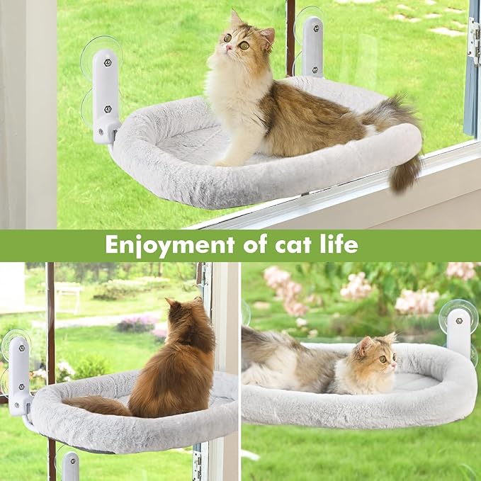2PC Cat Window Perch with Bolster Foldable Cat Hammock Cushion Bed for Window with Metal Frame, Large Suction Cups Cordless Window Resting Seat for Indoor Cats (Cushion Bed, 2PC)