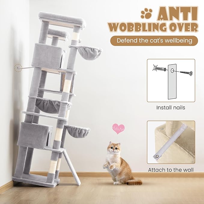 SHA CERLIN 81in Multi-Level Tall Cat Tree Tower for Indoor Kitties/Larger Cat Condo Furniture with Hammock/Cozy Pussycat Perches/Sisal Scratching Posts/Pet House/Wide Base/Grey
