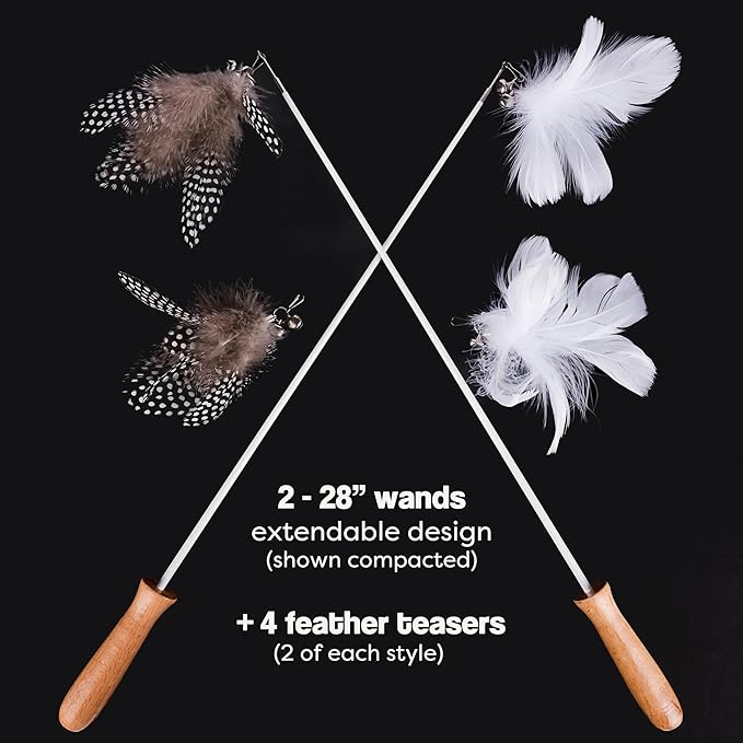Cat Wand Toy Set – 2 Feather Teaser Wands with 4 Interchangeable Refills, 27" Flexible Wire & Wooden Handle, Interactive Play for Indoor Cats and Kittens